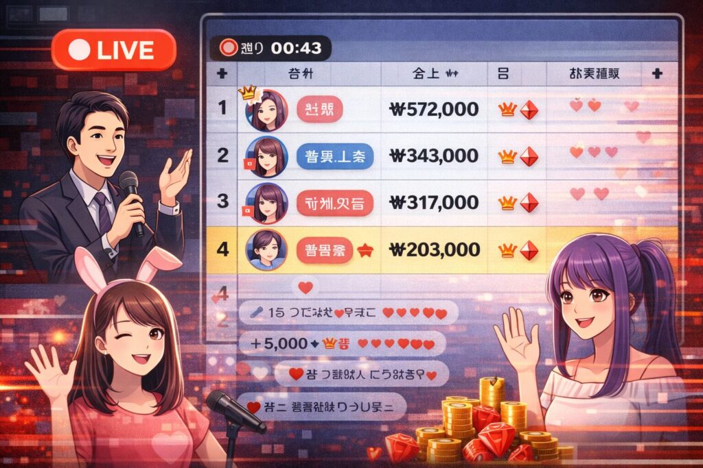 エクセル配信のイメージ図（投げ銭ランキングをリアルタイム表示するライブ配信）